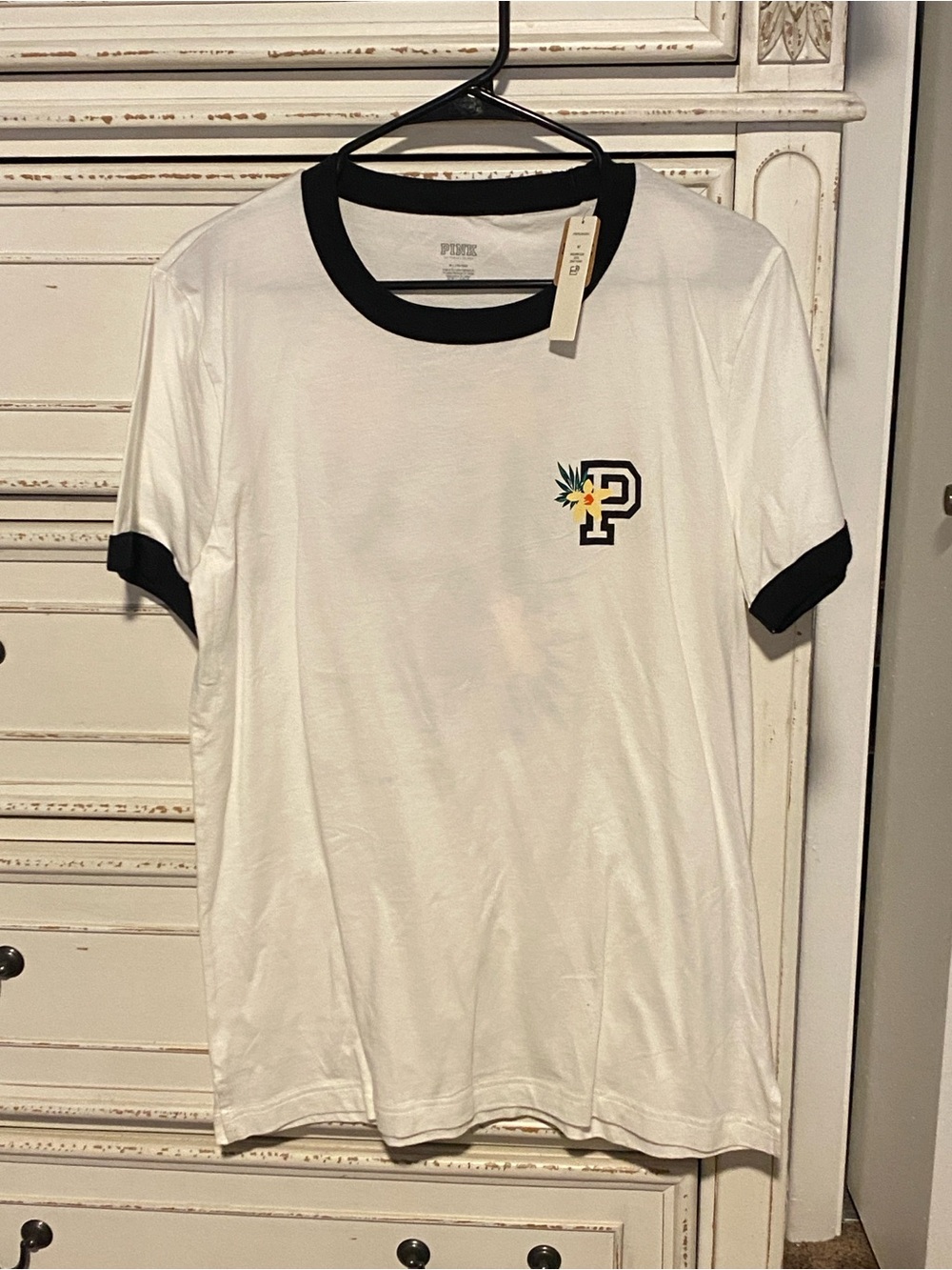 PINK Victoria's Secret White Ringer Tee with Black Trim and Tropical 'P' Patch
